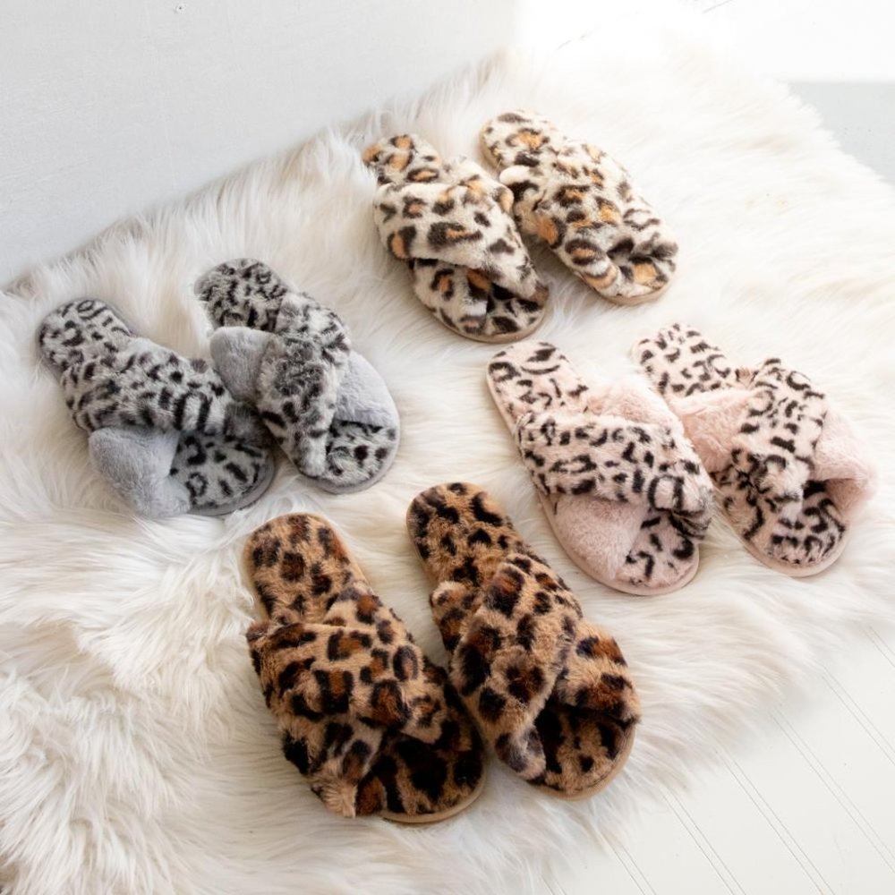 COZY LEOPARD CROSS SLIPPERS - Gray - Picture 2 of 2
